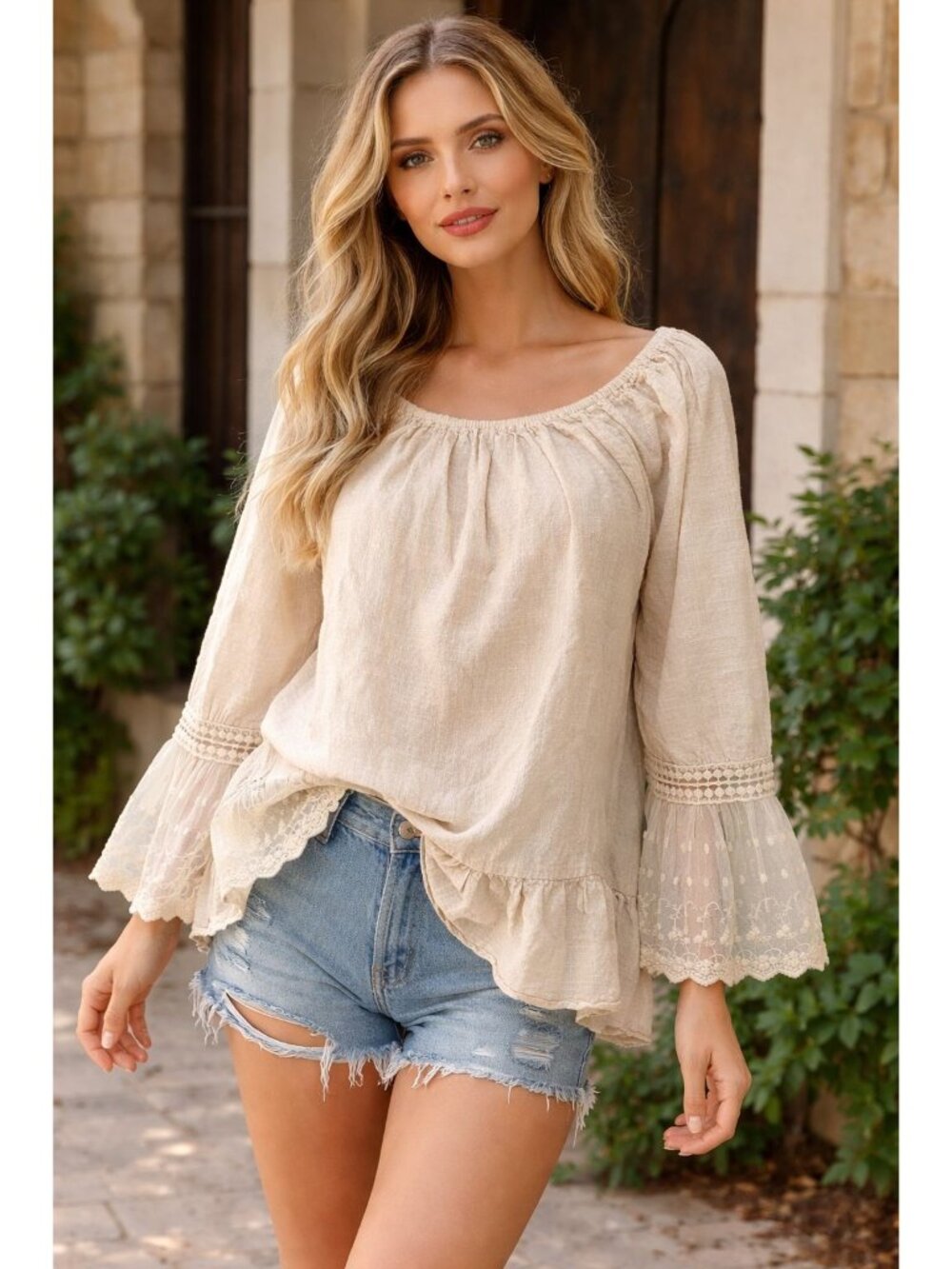 Women's Cream Peasant Blouse with Lace Bell Sleeves